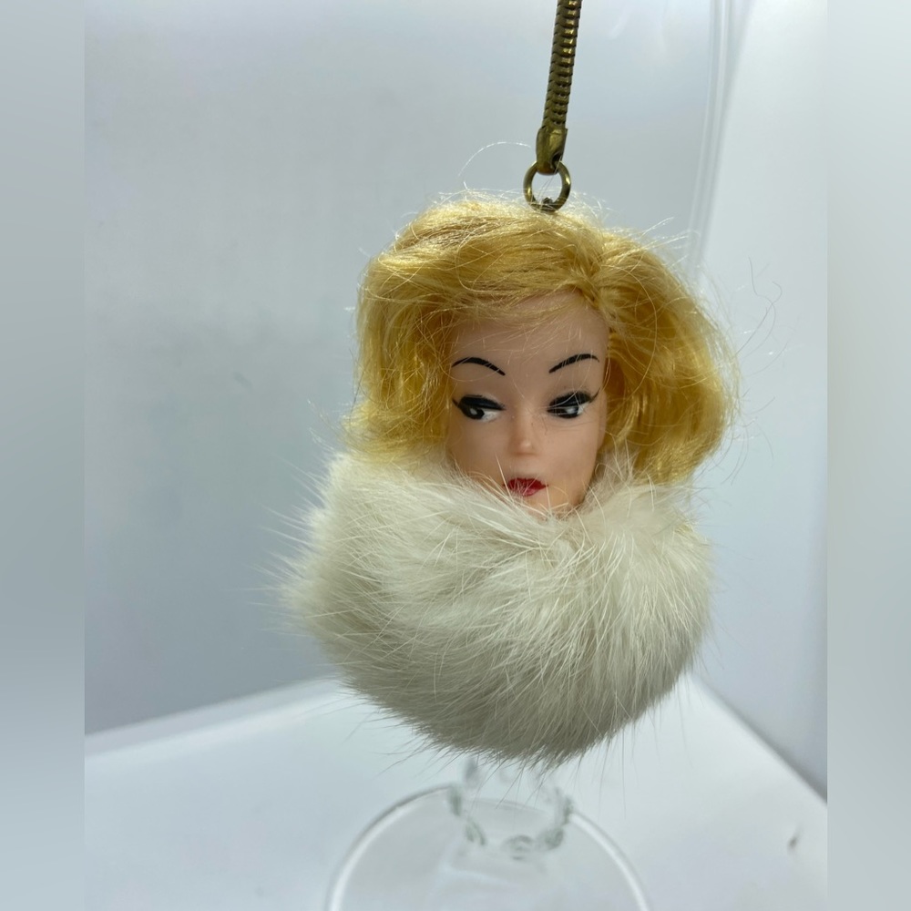 Vintage Barbie Doll Head Only Keychain Real Rabbit Tail Fur Blonde Wendy Clone - Picture 3 of 11